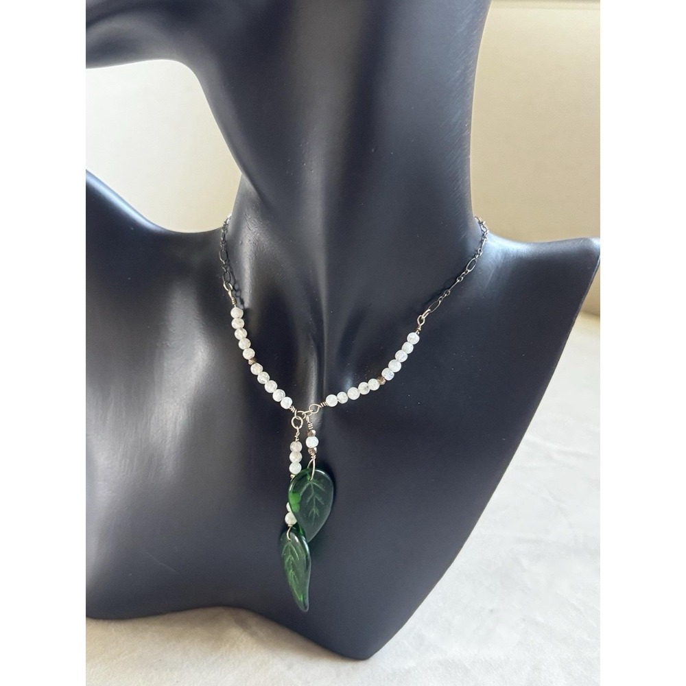 Handmade Beaded Necklace Green Glass Leaf Pendant White Bead Boho Nature Jewelry